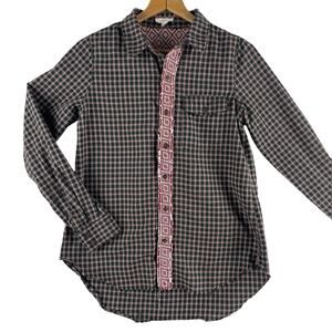 ODDY Men’s Button Down Cotton Shirt SZ S Green/Red Plaid Aztec Trim Long Sleeve